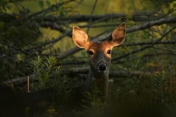 Whitetail doe in forest with dappled evening light highlighting its eyes and ears.