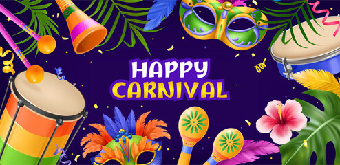 Realistic brazilian carnival background with tropical leaves and musical instrument