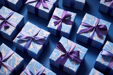  a group of blue wrapped gift boxes with purple ribbons and bows on a blue background with white swirls and a purple bow.