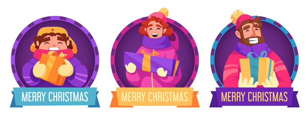 Hand drawn flat cartoon gift mini composition collection with characters holding a gift box and ribbon