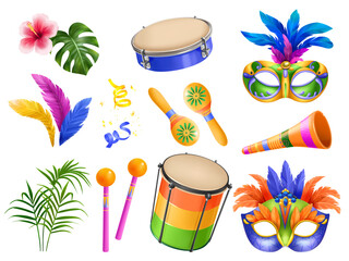 Realistic brazilian carnival elements collections with musical instruments and carnival masks