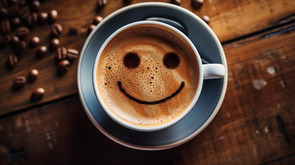 Cup of coffee with foam and smile, top view. cofee bean, on wooden background - obrazy, fototapety, plakaty