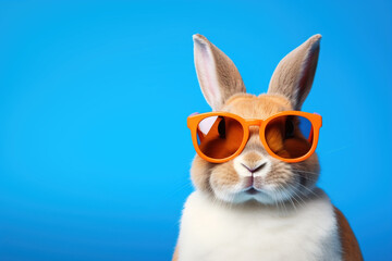 Portrait of cool Easter Bunny rabbit with pink sunglasses on a gradient plain studio background with Empty space place for text, copy paste. Spring holiday celebration concept.