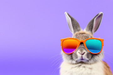 Spring holiday celebration concept. Portrait of cool Easter Bunny rabbit with pink sunglasses on a gradient plain studio background with Empty space place for text, copy paste