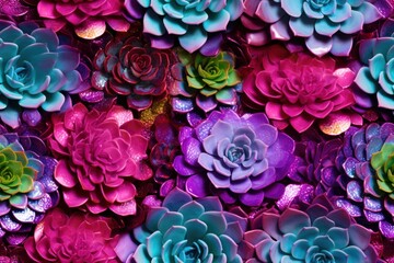  a bunch of colorful succulents that are all over the place on a wall of purple and green.