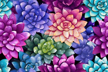  a bunch of colorful succulents that are painted in different shades of purple, blue, and green.