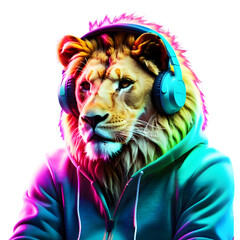 T-shirt design of lion wearing jackect with neon ligh effect