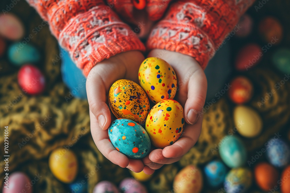 Wall mural Child toddler kid holding colored Easter egg in closeup hands. Religious holidays celebrating special moment to color decorate eggs tradition concept. Spring holiday celebration concept