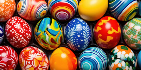 Obraz premium Happy Easter religious spring celebration concept. Top view or flatlay of different colorful home colored easter eggs with bright colors and decorations lying on table