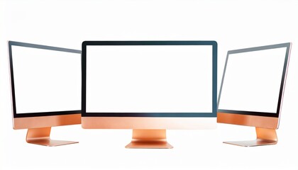 three computer monitors with ultra thin display border with blank white screen mockup