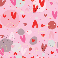 Hearts different sizes, spots, dots, lines , seamless pattern on pink background. Vector illustration, Valentines Day, wedding.
