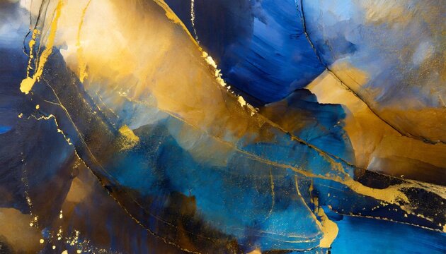 abstract artistic setting deep blue and gold color paint splashed background