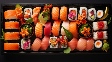 A plate full of delicious sushi, top-view