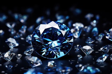  a close up of a blue diamond surrounded by diamonds on a black background with a reflection of the diamond in the center of the image.