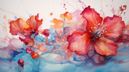 breathtaking watercolor floral explosion in vivid shades of orange and blue, artistic imagery for home decor and creative graphic design backgrounds