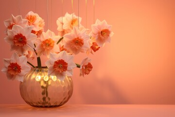  a vase filled with white and orange flowers on top of a table with a pink wall behind it and a string of lights hanging from the top of the vase.