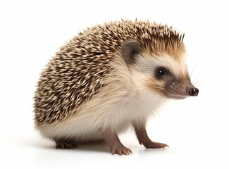 A hedgehog standing on all fours, looking to the side against a white background.