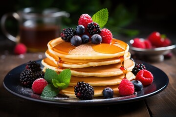  a stack of pancakes with berries and mint on a black plate with a cup of tea and a glass of tea in the background.