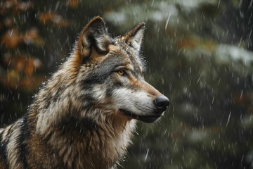 Portrait of a wolf in rain 