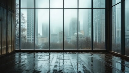 Misty cityscape viewed through a large, transparent window. The dream-like haze creates an ethereal atmosphere with warm, diffused light illuminating the buildings and streets