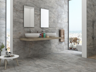 Corner of panoramic bathroom with white walls, white marble floor, comfortable bathtub, double sink standing on wooden countertops and window with blurry tropical view. 3D Rendering