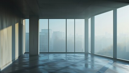 Misty cityscape with silhouette buildings seen through a spacious window, creating a mysterious and atmospheric urban view