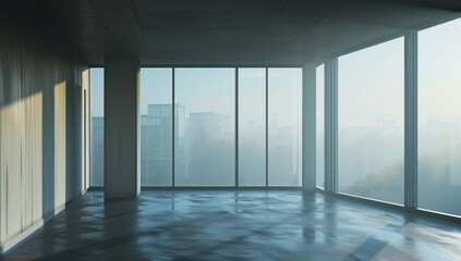 Fototapeta premium Misty cityscape with silhouette buildings seen through a spacious window, creating a mysterious and atmospheric urban view