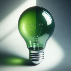 green  light bulb with leaves on white background