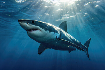 Fototapeta premium A great white shark gliding majestically through the clear blue depths of the ocean