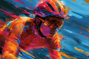 A track cyclist in a vibrant, aerodynamic suit preparing for an omnium event, with multiple race formats being depicted in the background. - obrazy, fototapety, plakaty