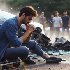 A person sits near a car crash, reflecting and praying amidst the wreckage and onlookers. - obrazy, fototapety, plakaty