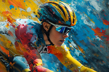 A track cyclist in a vibrant, aerodynamic suit preparing for an omnium event, with multiple race formats being depicted in the background.