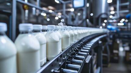 Dairy Production Line with Bottled Milk. Generative ai - obrazy, fototapety, plakaty