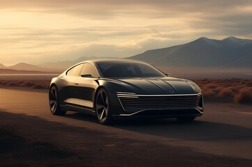 Fototapeta na wymiar car in the desert on a road - electric car, elegant, modern,black car - ai generated
