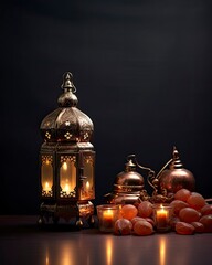 Fototapeta na wymiar copy space dates, arabic lamps and rosary islamic holidays decoration - generative ai