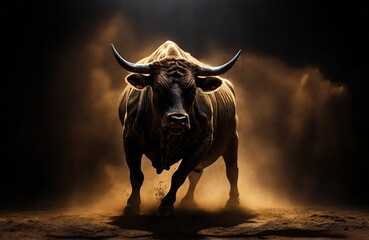 charging bull dust backlit photographic super on black background.