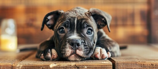 Calendar date for National Puppy Day with cute purebred blue nose American Bully puppy