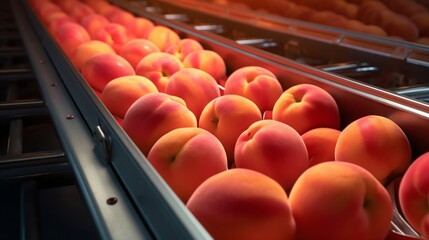 Ripe Peaches on Processing Line. Generative ai