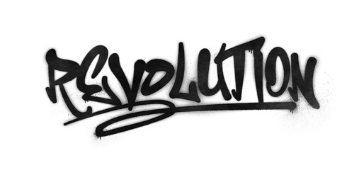 Word ‘Revolution’ written in graffiti-style lettering with spray paint effect isolated on...