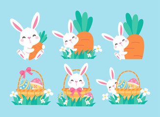 Obraz na płótnie Canvas A cartoon bunny hiding behind colorfully decorated Easter eggs during the Easter Egg Festival.