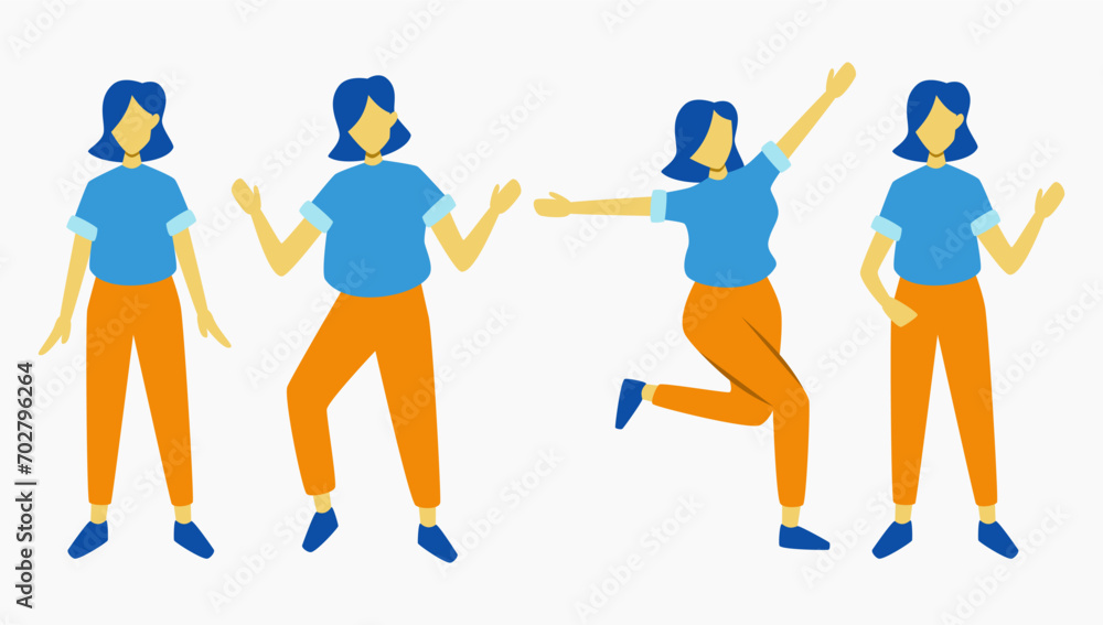 Wall mural set of girl with blue t-shirt and yellow pants standing in many position and expression. faceless fu