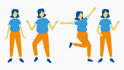 Set of girl with blue t-shirt and yellow pants standing in many position and expression. faceless full body figure design elements for corporate poster and banner.