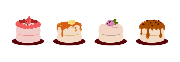 Set of souffle pancake with different toppings. Strawberry, maple syrup, blueberry, and boba topping. Design elements for bakery and cafe promotion.