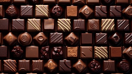 A group of assorted chocolate pralines arranged in an organized pattern on a clean surface.