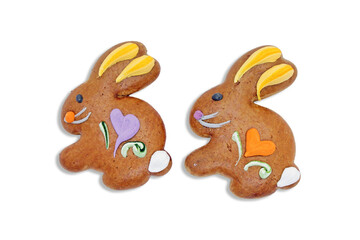 Easter gingerbread cookies in the shape of a bunny isolated on a white background. 