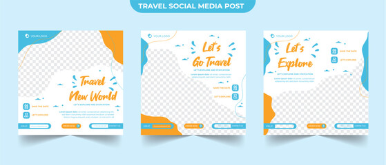 Set of travel adventure holiday sale social media post template web banner flyer or poster for tourism agency business offer promotion design