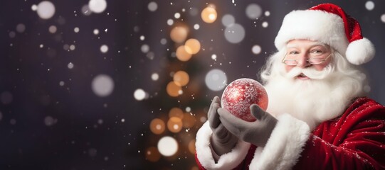 Santa Claus Holding a Snowy Christmas Ornament. Generative ai