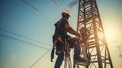 Electrical engineer repairing electric tower. Generative AI