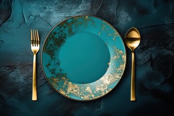  a blue plate with a gold rim and a gold fork and knife on a dark blue plate with a gold rim.