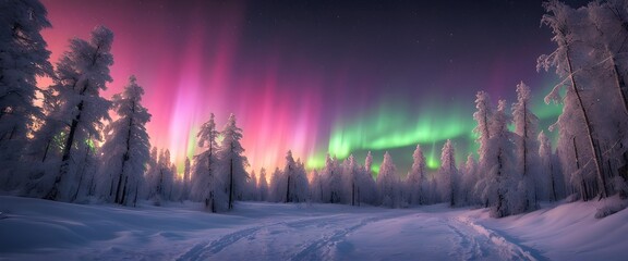 Northern lights in winter forest. Sky with colorful polar lights and stars. Night winter landscape. Generative AI	
